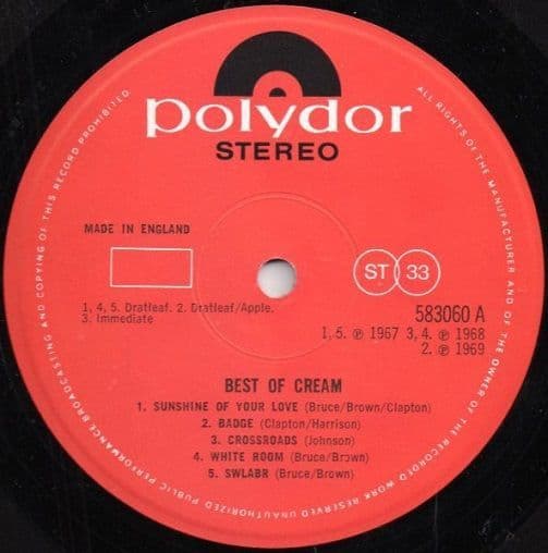 CREAM Best Of Cream Vinyl Record LP Polydor 1969